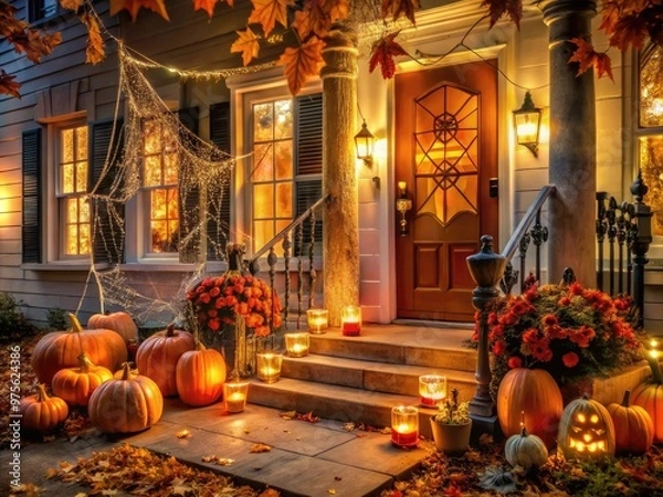 Fototapeta A warmly lit porch adorned with spider webs, jack-o-lanterns, and autumn leaves creates a festive and inviting atmosphere for trick-or-treaters and fall celebrants.