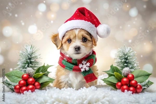 Fototapeta Adorable festive scene featuring a tiny Santa hat and scarf-clad puppy surrounded by glittering snowflakes, holly, and sparkly Christmas ornaments on a soft white background.