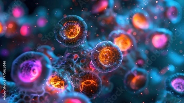 Fototapeta Glowing microscopic particles and biological structures forming dynamic colorful and abstract cosmic patterns and compositions  Futuristic digital and science inspired visual design