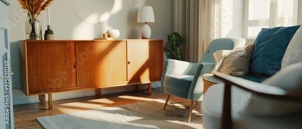 Fototapeta An inviting living room bathed in sunlight, featuring modern furniture with a touch of mid-century charm, highlighted by wooden elements and potted greenery.