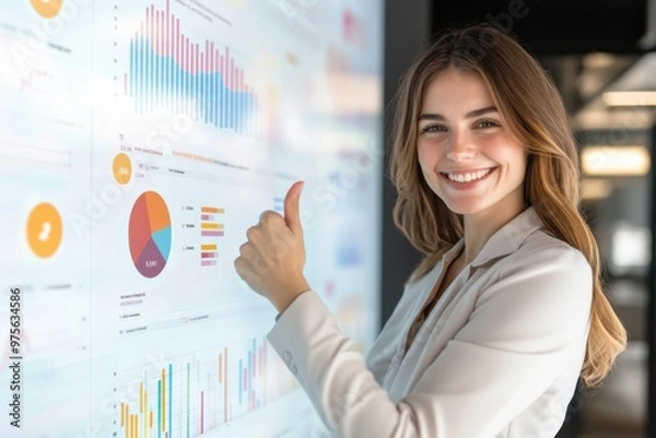 Obraz A businesswoman smiling and giving a thumbs-up, standing beside a digital survey interface that shows positive ratings and a high overall satisfaction score