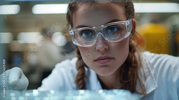 Fototapeta Focused young female student or scientist wearing safety goggles and conducting scientific research or experiment in a modern laboratory setting with various equipment and apparatus