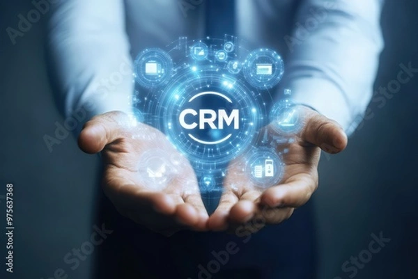Fototapeta A person gently cradles an abstract visualization of a CRM system, highlighted by interconnected digital network icons representing innovation in customer relationship management.