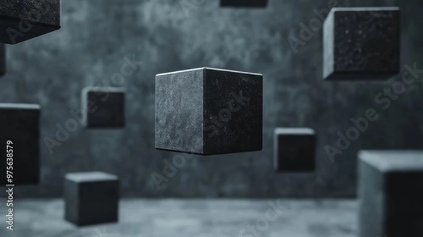 Obraz Abstract floating cubes in a dark, textured space, creating a mysterious and modern atmosphere for design and backgrounds.