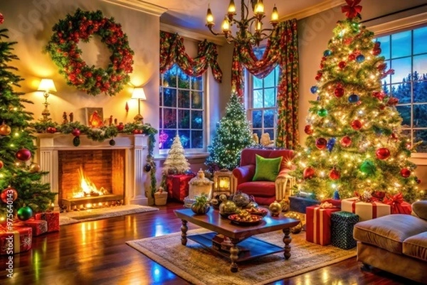 Fototapeta Colorful holiday decorations, twinkling lights, and festive ornaments overwhelm a cluttered living room, capturing the chaotic and joyful atmosphere of a busy Christmas season.