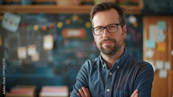 Fototapeta A man with glasses and a beard stands in front of a chalkboard