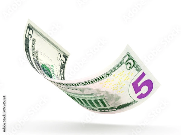 Obraz 5 dollar banknote curled isolated on white background  