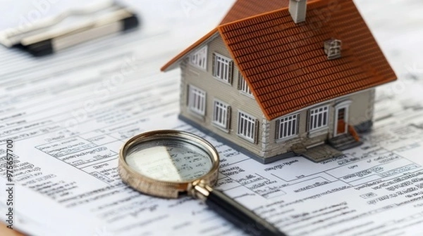Fototapeta Property inspection checklist alongside loan documents featuring detailed interest rate information, essential for thorough real estate evaluations and financial planning.