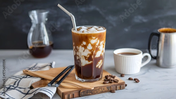 Fototapeta  A glass of cold brew coffee with a splash of oat milk, served over ice in a tall glass with a stainless steel straw.  
