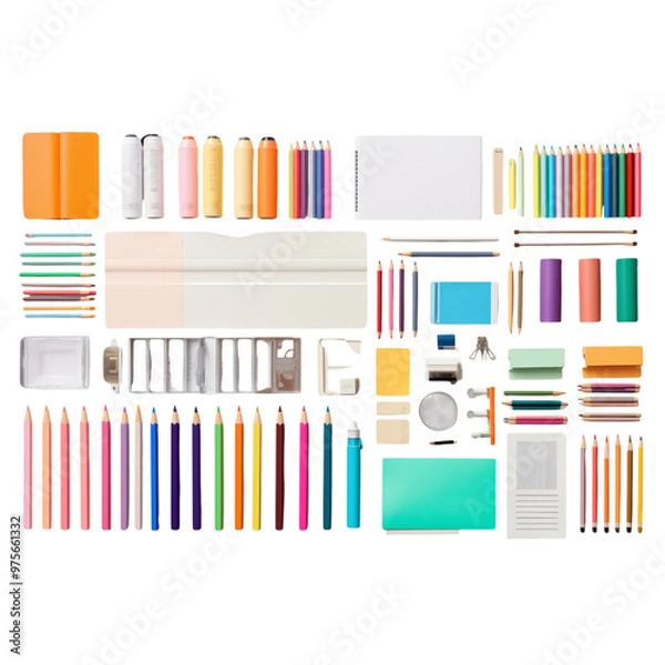 Fototapeta Colorful Assortment Of Stationery Supplies Including Pencils And Notebooks Neatly Arranged On A Transparent Background