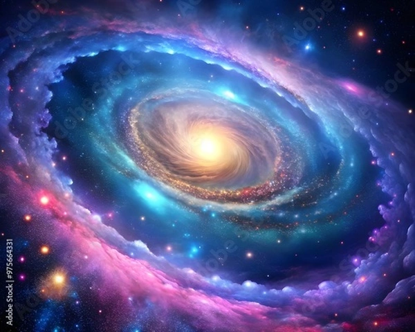 Fototapeta Serene Spiral Galaxy with Glowing Core Surrounded by Colorful Nebula and Stars  background