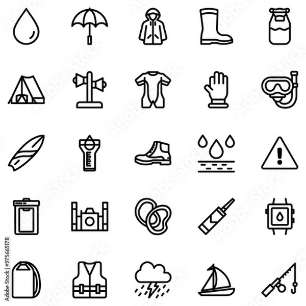 Fototapeta Set of Simple Waterproof Related Vector Line Icons. Contains Icons such as Raindrop, Umbrella, Wetsuit, Raincoat and more. Editable stroke. 48x48 Pixels.
