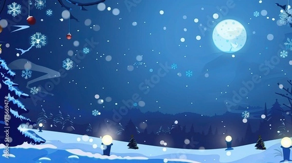 Fototapeta A delightful blue cartoon Christmas background that exudes a festive atmosphere. There are cartoon Christmas trees with colorful ornaments hanging from their branches
