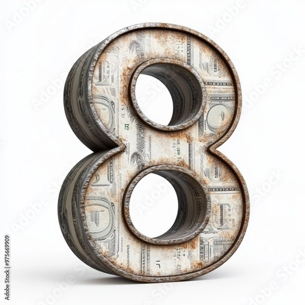 Fototapeta 3D number 8 with dollar texture realistic modern design, soft lighting, white background. 
