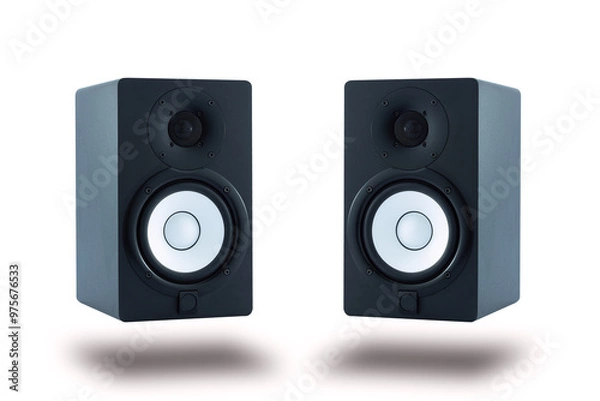 Fototapeta Pair of professional high quality monitor speakers for sound recording, mixing, and mastering in studio in black wooden casing isolated on white background.