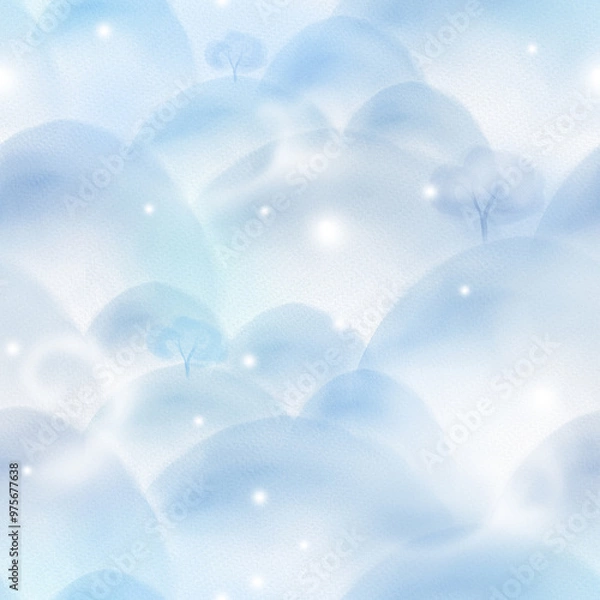 Fototapeta Seamless pattern - winter snow-covered hills and trees, snow, fairy-tale magical atmosphere.