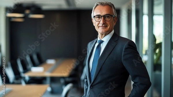Fototapeta A senior business executive standing in a corporate office hallway, dressed in professional attire and looking determined