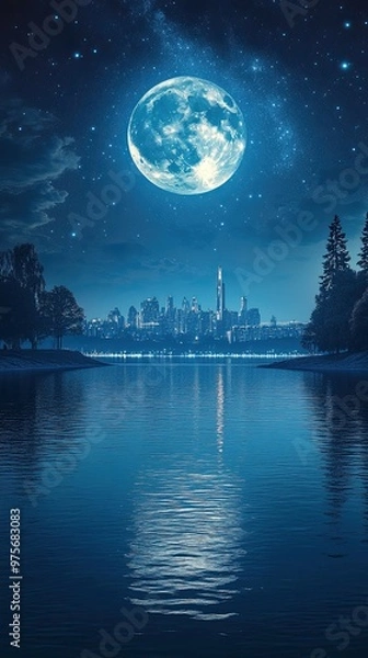 Fototapeta A large blue moon is reflected in the water of a lake