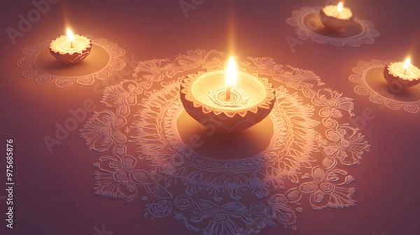 Fototapeta 3d render diwali lamps with detailed illustration on it placed in circle, shot from above, plain soft color background with circle rangoli drawings