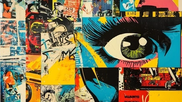 Fototapeta Vibrant Surreal Eye Collage with Graffiti Inspired Abstract Patterns and Textures