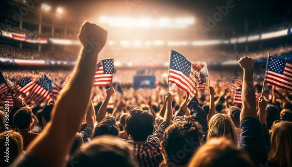 Fototapeta Large crowd at a political rally enthusiastically waving American flags, with raised fists and a patriotic atmosphere in a stadium setting.
