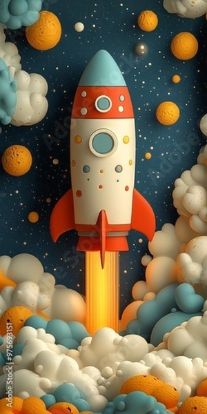 Fototapeta Colorful rocket launching through clouds and stars in a whimsical space scene.