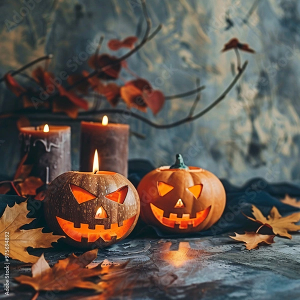 Fototapeta Halloween background with pumpkins candles and autumn
