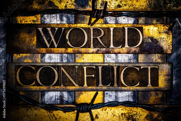 Fototapeta World Conflict text with barbed wire in real authentic typeset letters on vintage textured silver grunge copper and gold background