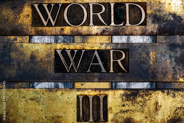 Fototapeta World War III text in real authentic typeset letters on vintage textured silver grunge copper and gold background
