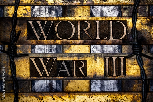Fototapeta World War III text with barbed wire in real authentic typeset letters on vintage textured silver grunge copper and gold background