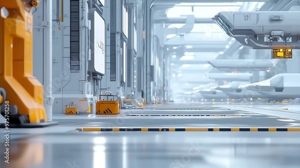 Fototapeta A cybernetic airport with robotic terminals and neon runways, in a high-tech industrial area