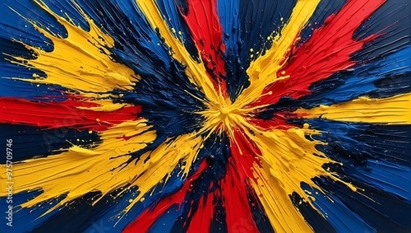 Fototapeta  An abstract artwork featuring bold splashes of deep blues, bright yellows, and fiery reds, with textured brushstrokes and layers giving depth and movement to the piece