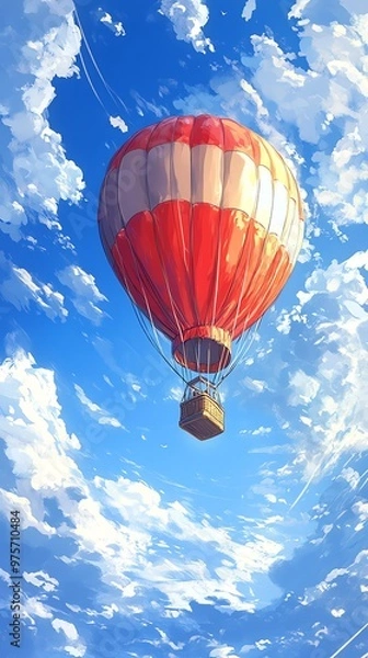 Fototapeta A red and white hot air balloon flies against a bright blue sky with white clouds.