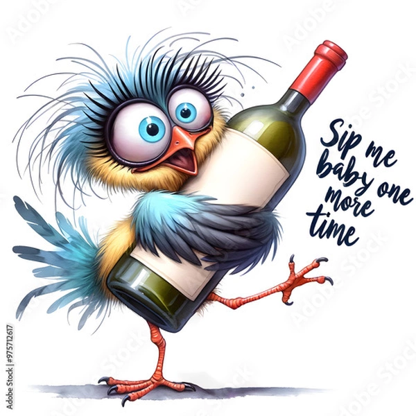 Fototapeta There is a cute cartoon bird with big eyes next to a bottle of wine.
A funny illustration for wine lovers, made in a playful style, humorous decor.