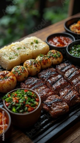 Fototapeta Grilled meat platter with steak, roasted onions, vegetables, sauces, and what appears to be garlic bread