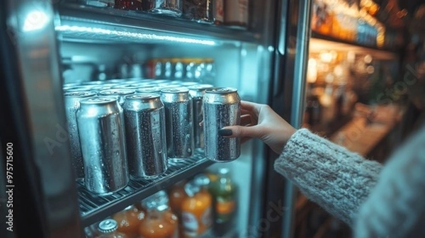 Obraz Hand is reaching into a refrigerated display to grab a cold beverage can, surrounded by other drinks
