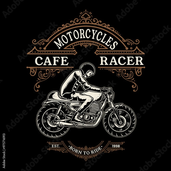 Fototapeta Custom motorcycle label with rider riding motorbike in vintage style isolated, vector eps 10