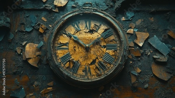 Obraz Old, broken clock with a cracked face and missing parts is surrounded by debris against a weathered, dark background