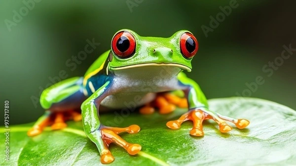 Fototapeta Vibrant Red-Eyed Tree Frog Resting on Lush Tropical Leaf, Showcasing Striking Colors and Intricate Patterns in a Natural Habitat