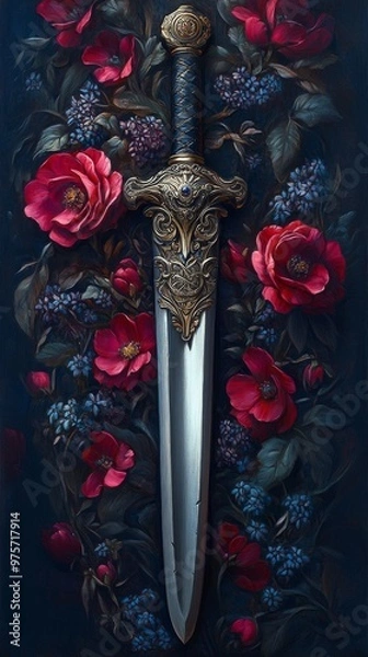 Obraz Ornate, decorated dagger placed on a background of red flowers and green leaves, creating a striking contrast