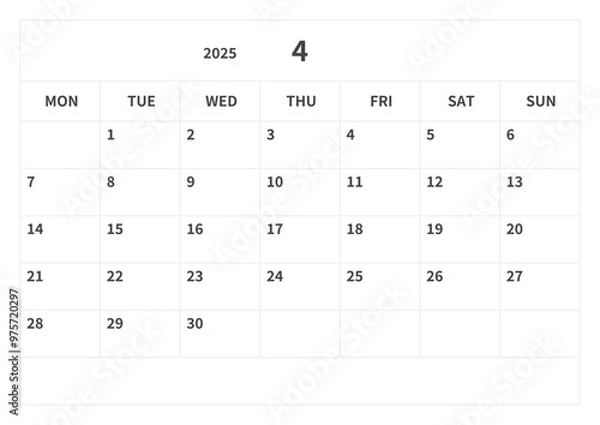 Fototapeta Simple calendar for April 2025, vector, template