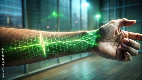 Fototapeta Human Arm with Green Heartbeat Pulse and Grid