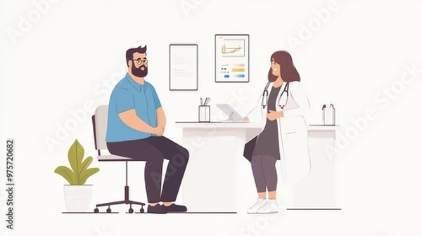 Fototapeta Nutritionist advises an overweight man, asks him questions about nutrition. Makes his healthy eating plan. Concept of healthy lifestyle and proper nutrition.
