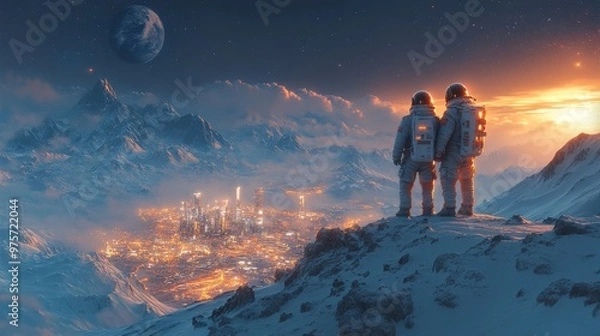 Obraz Two astronauts stand on a snowy mountain, overlooking a futuristic city with bright lights as a planet looms in the sky