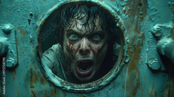 Obraz Man in a psych ward, looking out of a little window on the doors. screaming and shouting. Despair, eerie, haunted, movie poster