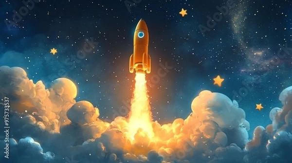Fototapeta A yellow rocket ship bursts from clouds into the starry sky.