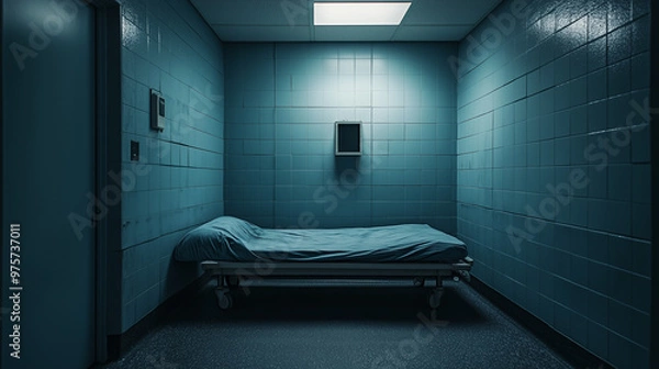Fototapeta Solitary confinement room in a psychiatric facility, stark and empty with a single bed