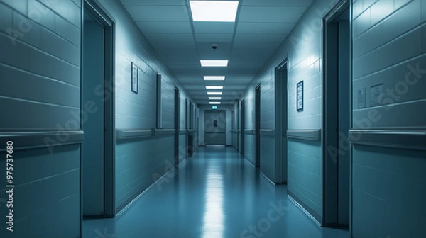 Fototapeta Empty corridor in a psychiatric hospital with sterile, clinical lighting