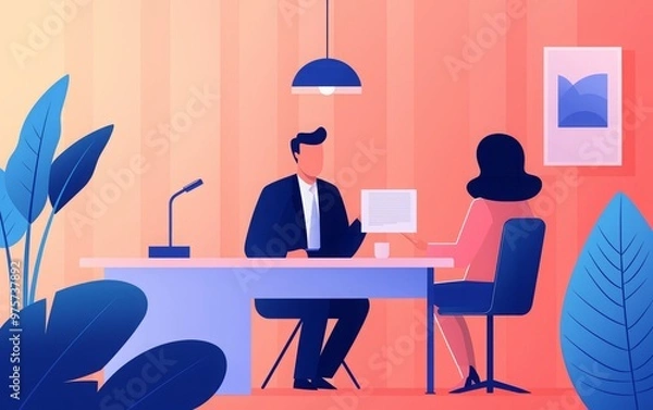 Fototapeta A modern office scene featuring a professional discussion between two businesspeople, enhancing collaboration and teamwork.