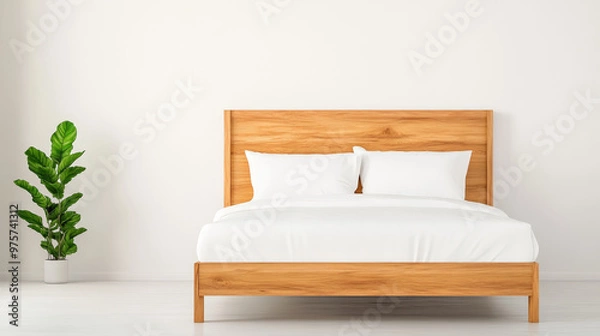 Fototapeta Teak wood bed frame with clean lines, dressed with minimalist bedding in a bright, airy bedroom. [Teak bed frame], [modern, minimalist] 